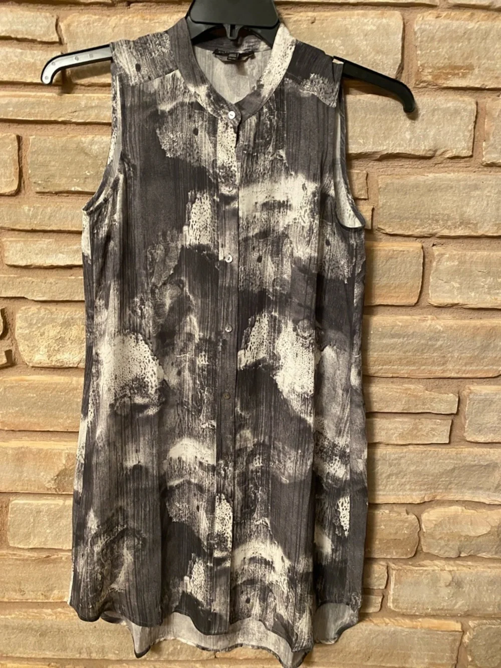 Eileen Fisher 100% Silk Ink Blot Print Tunic Top Sz XS Mandarin Collar Runs Big